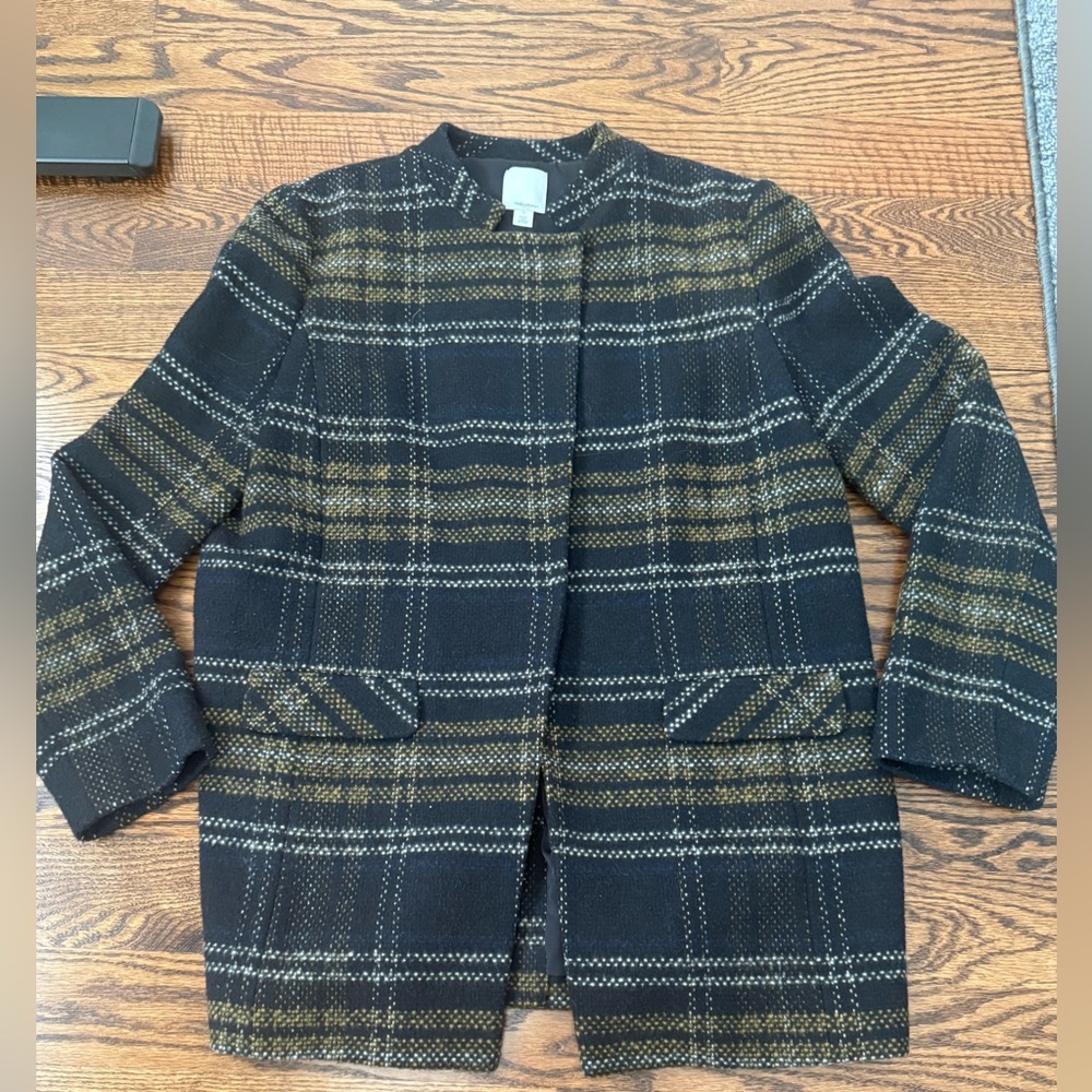 Halogen Plaid Collarless Wool Blend Blazer Jacket 3 snap Pockets Medium women